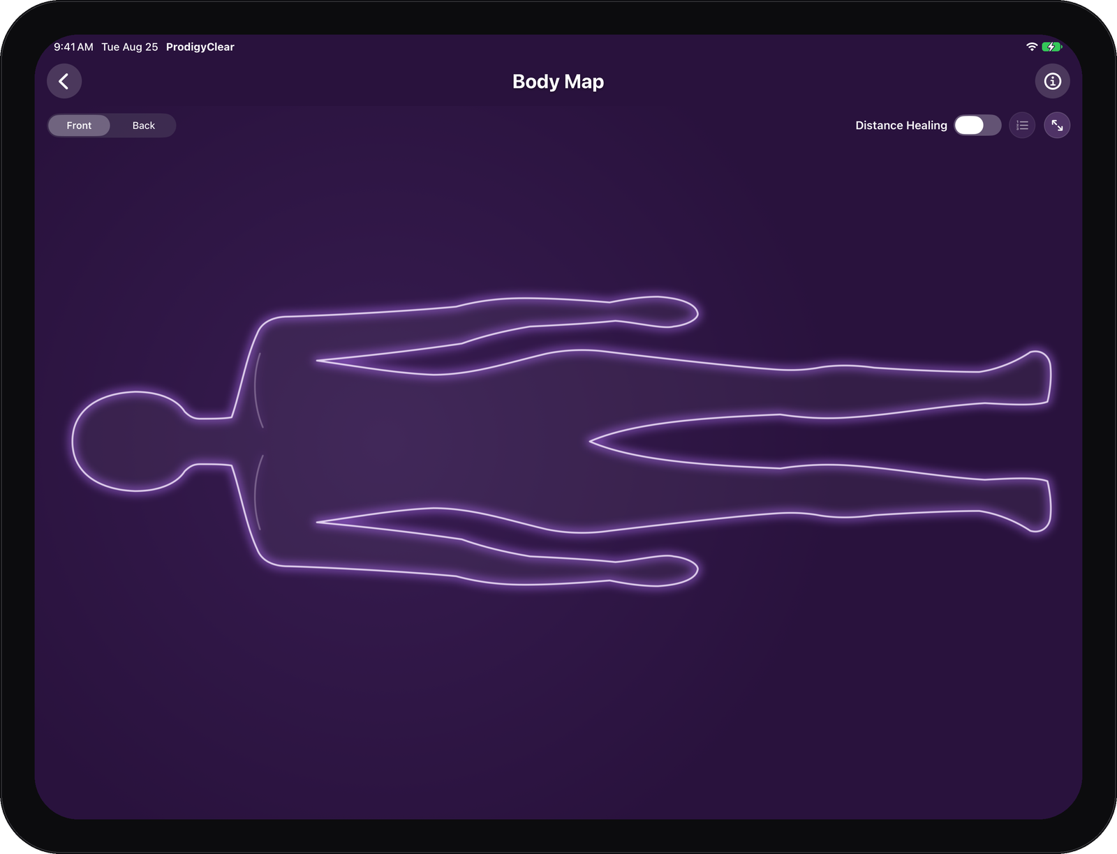 The ProdigyClear Body Map on iPad: a glowing figure with Front and Back views and a Distance Healing switch