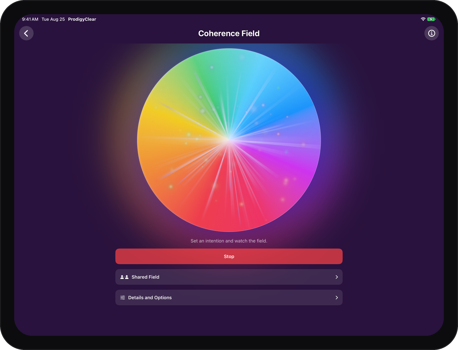 The Coherence Field on iPad in landscape: a large rainbow orb above the Stop button, Shared Field, and Details rows