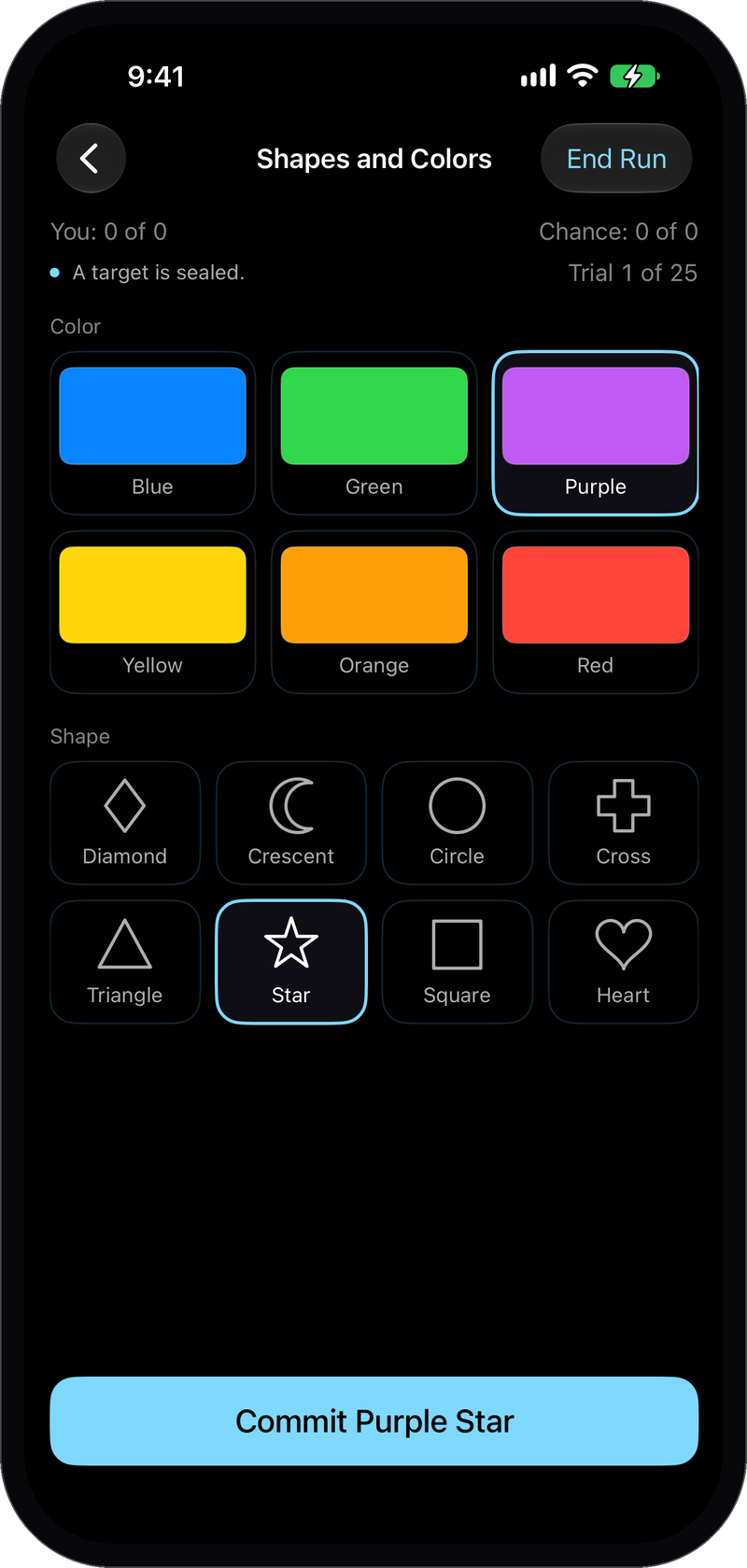 A Shapes and Colors trial in Prodigy Mindsight with Purple and Star selected before the reveal.