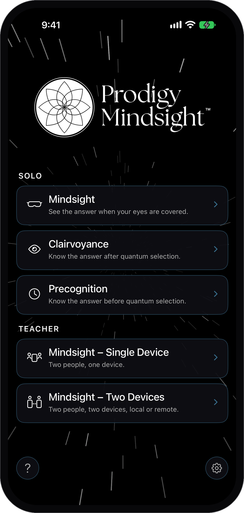 Prodigy Mindsight home screen showing three Solo practices and two Teacher options.