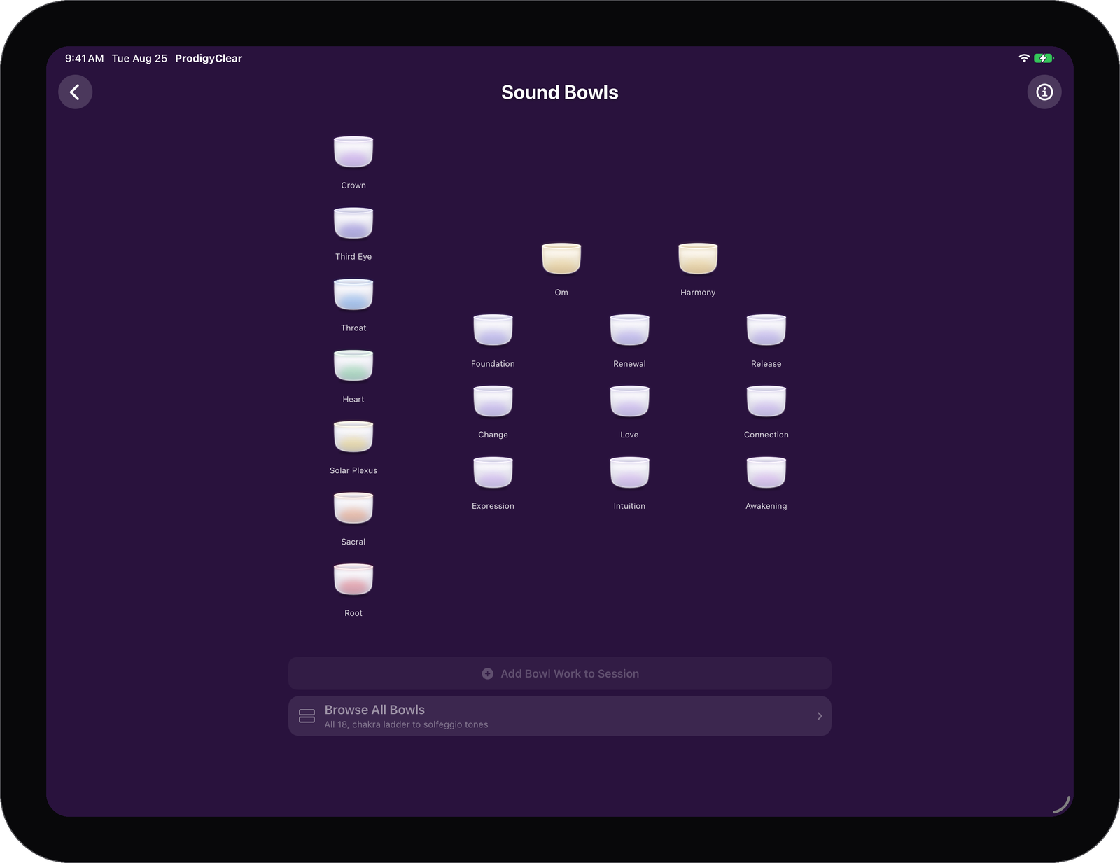 The ProdigyClear Sound Bowls screen on iPad in landscape, with the seven-bowl chakra ladder beside named bowls such as Om, Harmony, and Love.