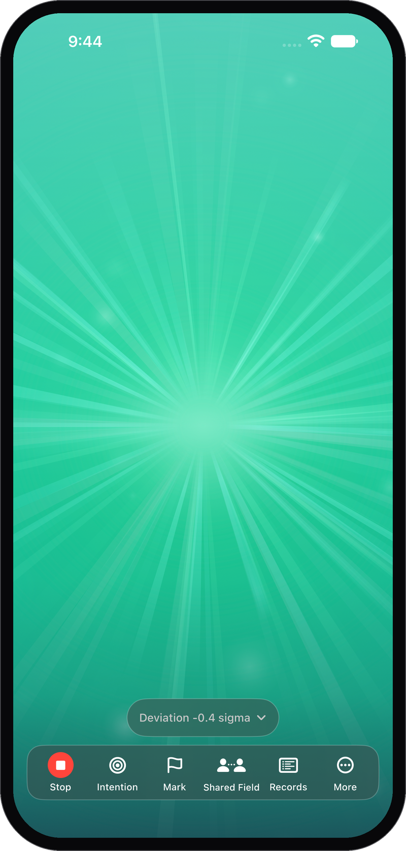 Prodigy Lightfield on iPhone: the field of light mid-run, with its deviation reading and the Start, Intention, Mark, Shared Field, and Records controls.