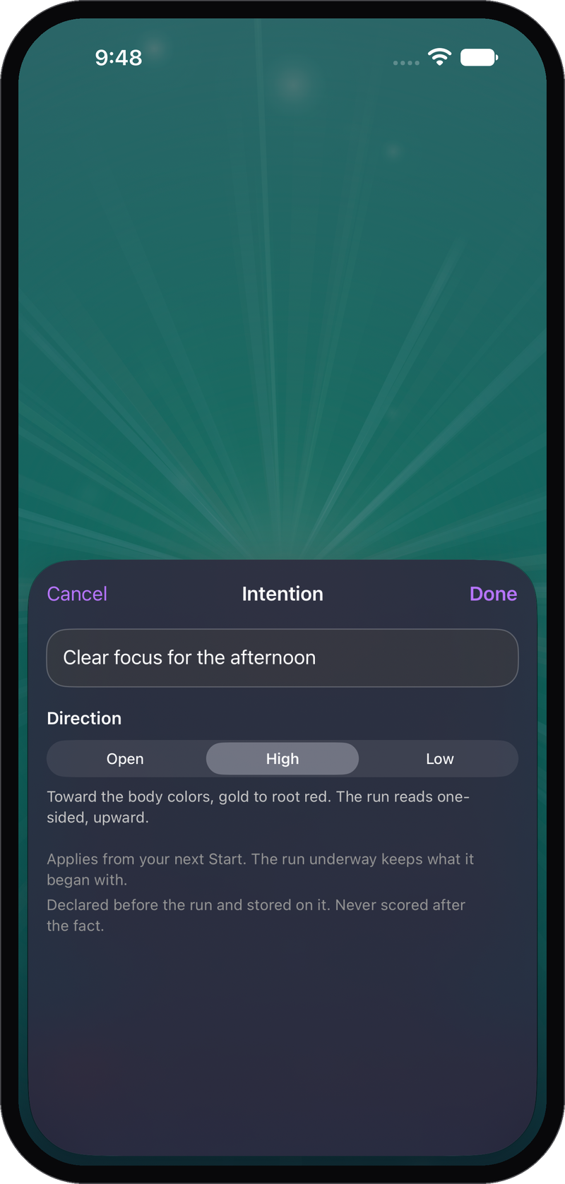 The Intention sheet in Prodigy Lightfield with an intention typed and the High direction chosen.