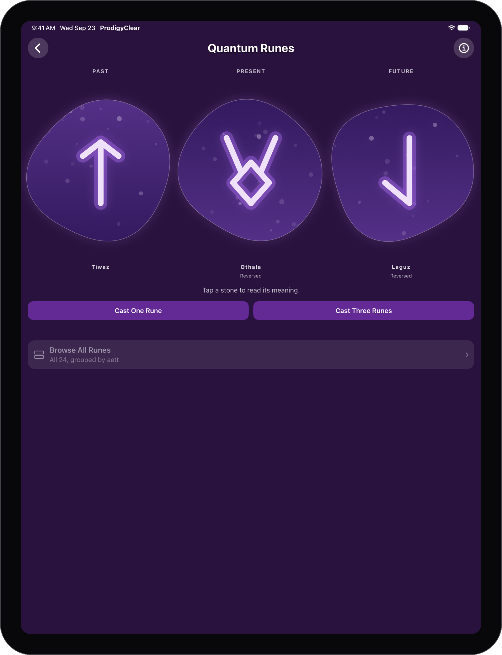 Quantum Runes on iPad: a three-rune cast of Tiwaz, Othala reversed, and Laguz reversed for past, present, and future