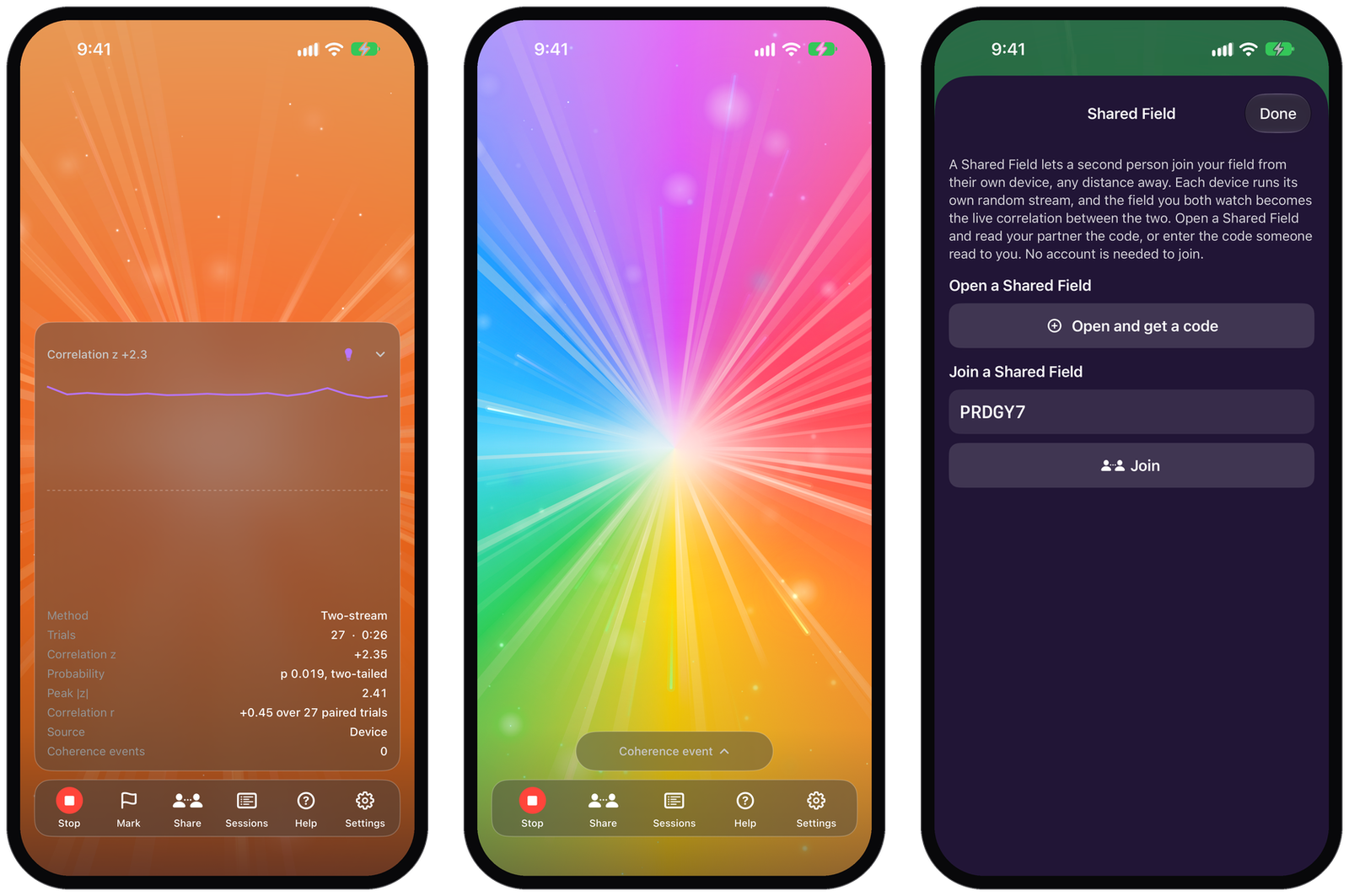 Three iPhone screens of Prodigy Lightfield: the statistics readout over an ember field, a rainbow coherence event, and the Shared Field screen with a join code.