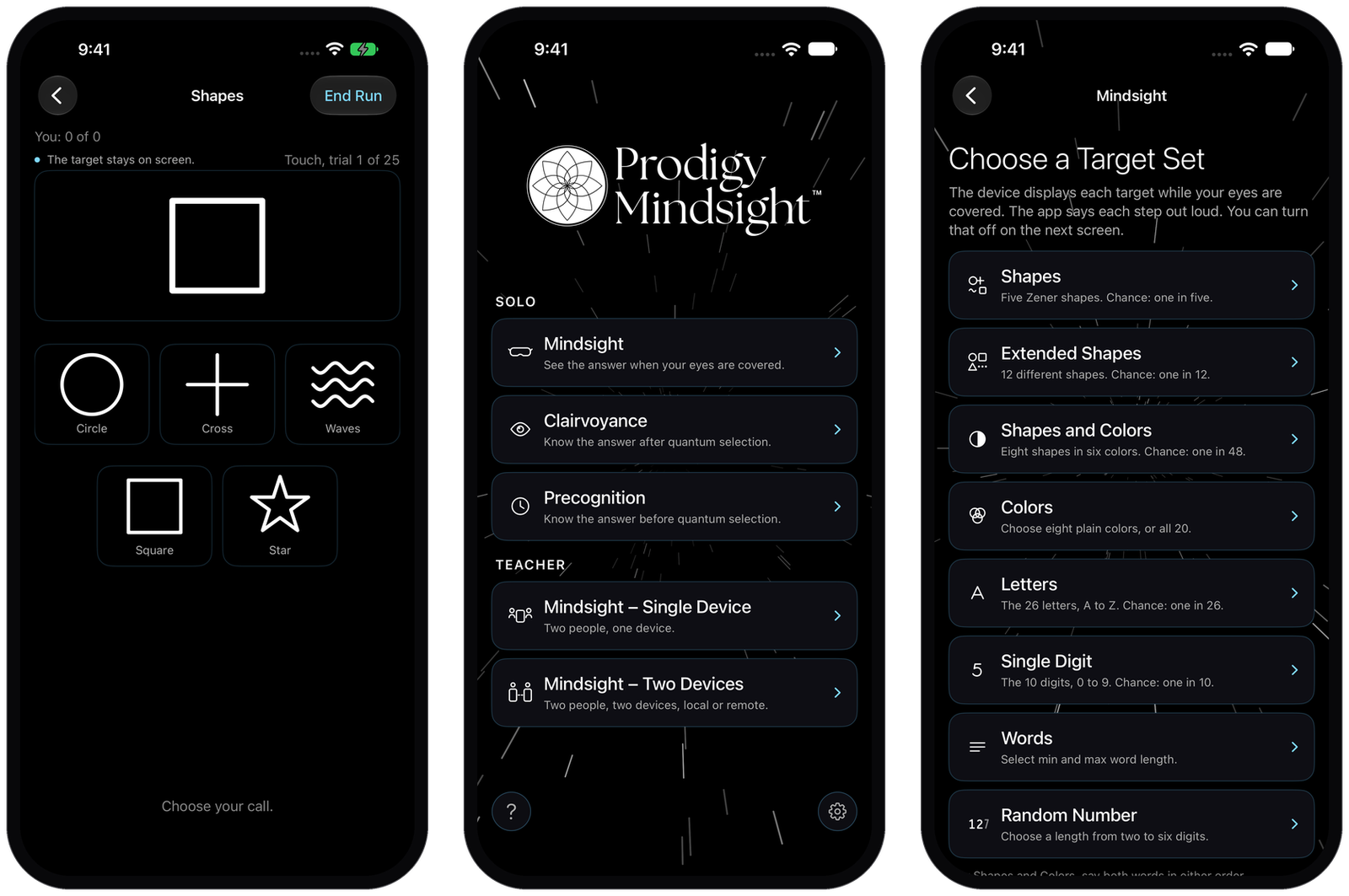 Three iPhone screens of Prodigy Mindsight: a shapes run with the five Zener shapes, the home screen with Solo and Teacher modes, and the Choose a Target Set list.