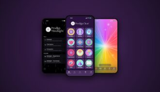 Three iPhones showing the ProdigyClear home screen, the Prodigy Mindsight home screen, and the Prodigy Lightfield rainbow field.