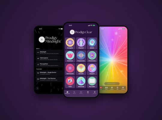 Three iPhones showing the ProdigyClear home screen, the Prodigy Mindsight home screen, and the Prodigy Lightfield rainbow field.