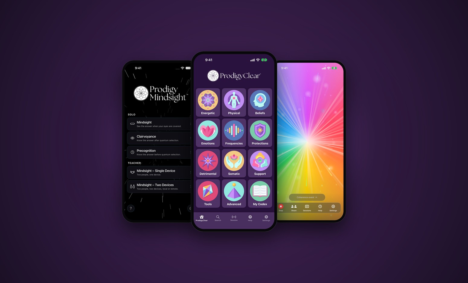 Three iPhones showing the ProdigyClear home screen, the Prodigy Mindsight home screen, and the Prodigy Lightfield rainbow field.