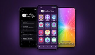 Three iPhones showing the ProdigyClear home screen, the Prodigy Mindsight home screen, and the Prodigy Lightfield rainbow field, lit from behind.