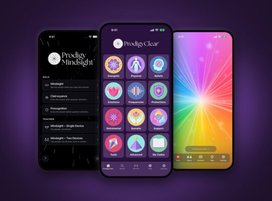 Three iPhones showing the ProdigyClear home screen, the Prodigy Mindsight home screen, and the Prodigy Lightfield rainbow field, lit from behind.