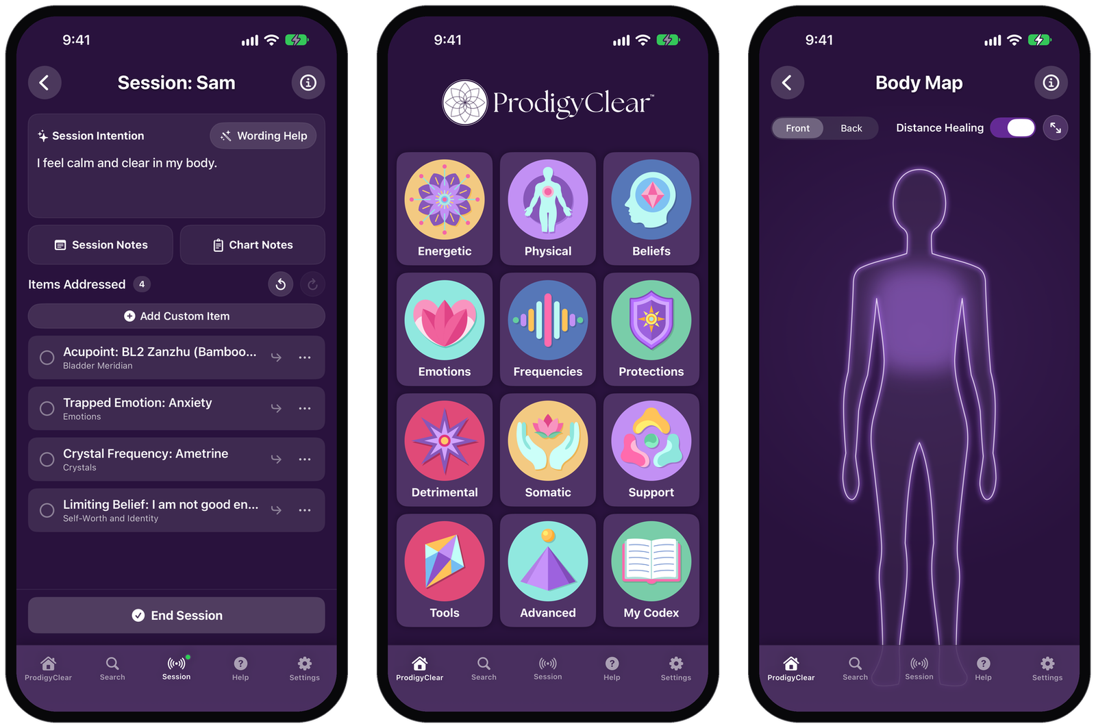 Three iPhone screens of ProdigyClear: a session for a client with four items addressed, the home screen with its twelve sections, and the Body Map with Distance Healing on.